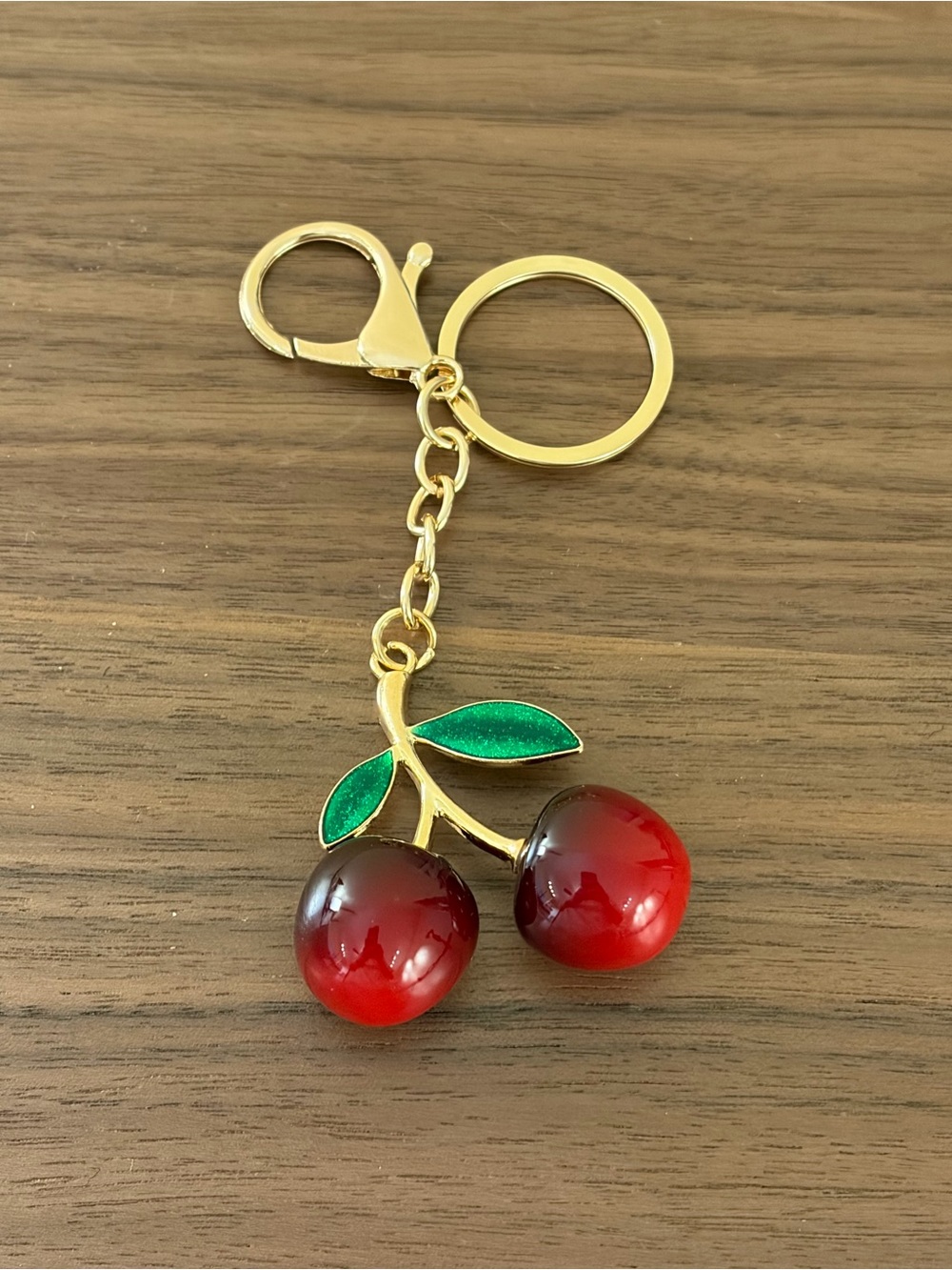Red Cherry Keychain Bag Charm Gold Tone Green Leaves